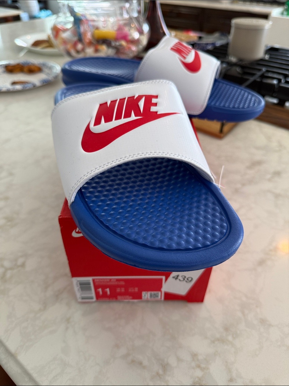 Nike White Strap Blue Footbed Sandals with Red Logo - Men's